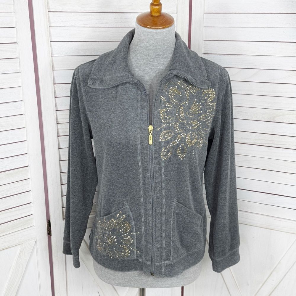 Onque Casuals Studded Velour Track Jacket Gray Gold Small Grandma